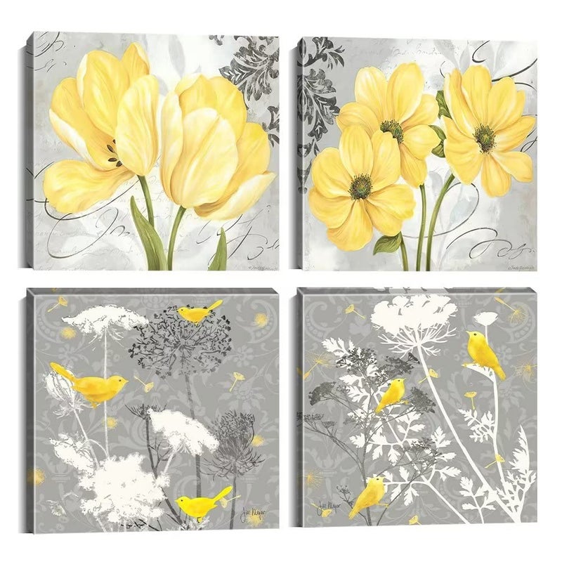 Wall HDQ Yellow Gray Picture Wall Art for Bathroom Wall Decor Flowers Canvas Prints Framed 4 Panels - Image 1